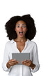 © OKAN - Excited woman with curly hair holding a tablet, expressing surprise and enthusiasm on a transparent background, ideal for technology or learning themes.