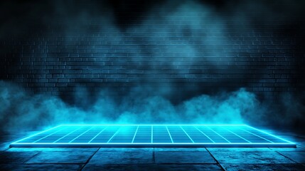 Fototapete - A futuristic, neon-lit scene featuring a glowing grid floor in a dark atmospheric environment with mist and beams of blue light