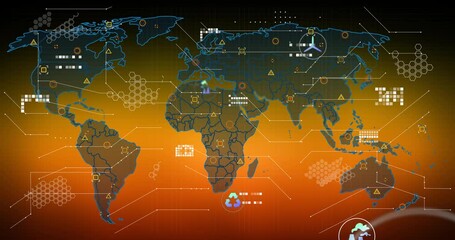 Poster - Animation of digital icons on world map with data processing over orange background
