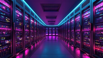 Poster - Cyberpunk Server Room: Neon Lights and Futuristic Technology. A digital art exploring the aesthetics of data centers and the future of computing.