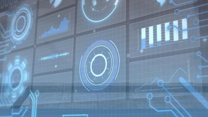 Poster - Displaying futuristic digital interface with data charts and animation in blue tones