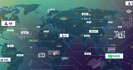 Poster - World map with data analytics and user statistics overlay animation