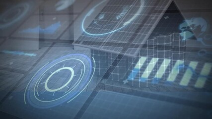 Poster - Futuristic digital interface animation over solar panels and wooden floor