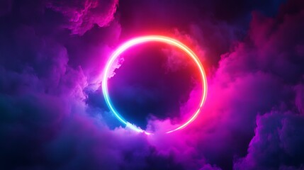 Poster - A mesmerizing circular neon light ring glowing vividly in shades of pink, blue, and purple against a backdrop of dark, swirling clouds, creating an ethereal illusion