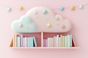 Aufkleber - Gentle cloud-shaped bookshelf with pastel books and star garland creating a whimsical decor for a childs room or cozy reading nook