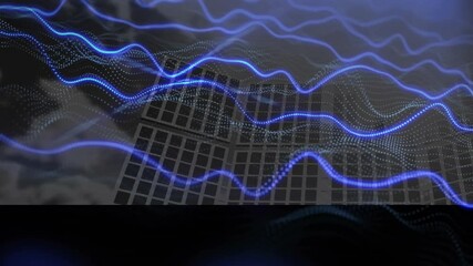 Poster - animation of blue wave patterns with digital grid for futuristic data visualization