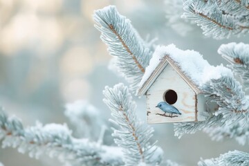 Aufkleber - Delicate birdhouse nestled among soft snowy pines creates a pastel winter fairytale atmosphere