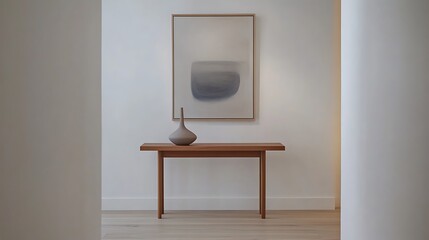 Poster - A modern interior space featuring a wooden console table adorned with a minimalist ceramic vase and an abstract art piece on the wall, emphasizing simplicity and tranquility