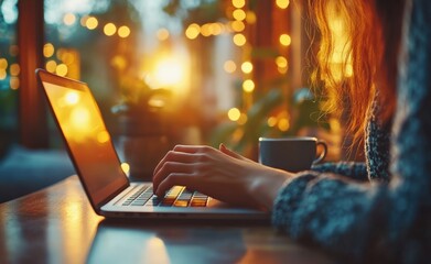 Poster - Freelancer working on laptop at sunset with coffee and smartphone nearby