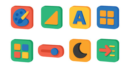 Poster - Colorful 3d icons set featuring art, shapes, text, and navigation elements