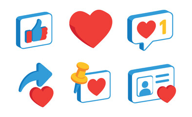 Poster - Social media interaction icons set - 3d style with like, heart, and notification symbols