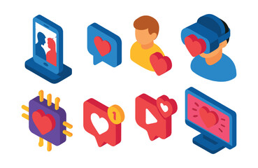 Poster - Creative communication and technology icons featuring hearts in isometric 3d style