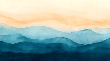 Poster - Serene watercolor landscape with soft gradient layers of blue, teal, and peach showcasing smooth, flowing hills