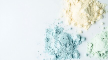 Poster - Fine powders in soft pastel hues of blue, yellow, and green arranged in an artistic layout on a smooth white surface for a soothing aesthetic