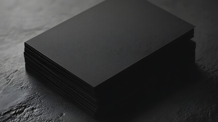 Poster - Stack of sleek black sheets placed on a textured dark surface, showcasing minimalistic design and modern aesthetics with subtle shadows and reflections