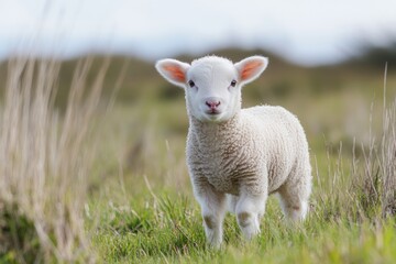 Poster - Lamb standing in a short grass patch with a soft white background on a sunny day
