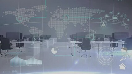 Poster - In office, animation of digital world map with data analytics overlay displayed