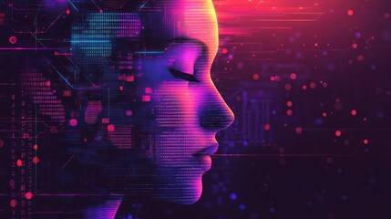 Poster - binary code portrait melding computational circuits symbolizing artificial intelligence with advanced biometric cybersecurity protections