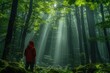 © smalltinykid - Photographer in Red Jacket Captures Vibrant Forest Landscape with Dappled Sunlight
