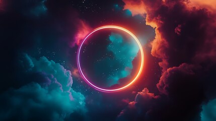 Fototapete - A vibrant cosmic scene with swirling clouds in hues of purple, blue, and orange surrounding a glowing circular shape, evoking a sense of wonder and mystery