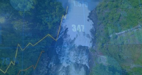 Poster - Animation of financial graph and numbers overlay on waterfall with lush greenery