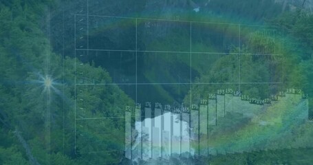 Poster - Bar chart and data grid animation over lush green forest landscape