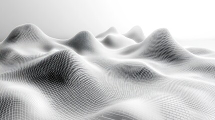 Poster - abstract monochrome landscape displaying undulating hills with grid structure under soft illumination enhancing its surface texture creating depth