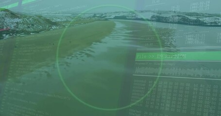 Poster - Encryption data animation over aerial view of snowy landscape and river