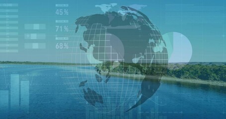 Poster - Animation of globe with data graphics overlaying serene lake and forest landscape