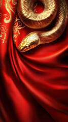 Poster - A golden snake is resting on a red cloth, which is draped over it. The cloth is made of a rich, luxurious material and has a gold trim. The snake appears to be resting comfortably on the cloth