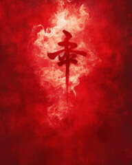 Poster - A red background with a red tree with Chinese characters on it. The tree is surrounded by fire and smoke