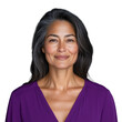 © OKAN - Confident woman with long dark hair smiling in purple blouse on transparent background