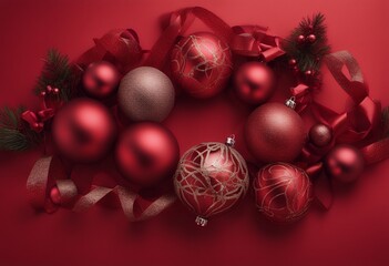 Wall Mural - top christmas decorations balls banner mass view red text illustration x space background ribbons co