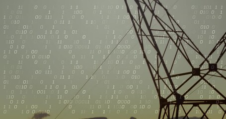 Poster - Binary code animation over silhouette of metal tower against sky