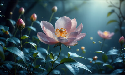 Canvas Print - dreamy pink flower blossoms in a dark enchanted garden with soft light, creating a magical and peace