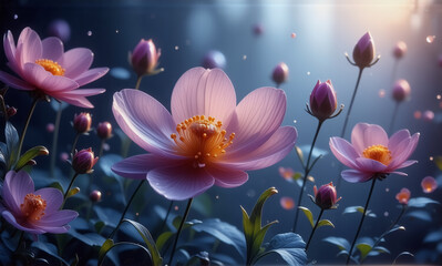 Canvas Print - pink flowers with yellow centers bloom in a field with dark blue leaves. bokeh lights add a magical 