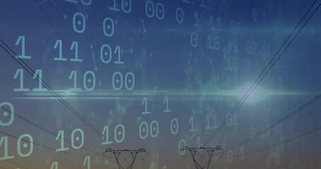 Poster - Binary code animating over power lines during sunset in technology concept