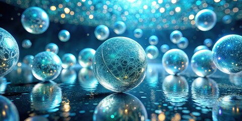 Wall Mural - enchanted aquatic spheres reflecting in a shimmering, dark blue surface with a sparkling background