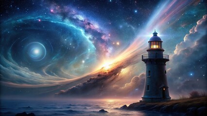 Wall Mural - A Solitary Lighthouse Beckons Beneath a Celestial Tapestry of Stars and Nebulas