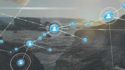 Poster - Network of connections and data processing animation over coastal landscape
