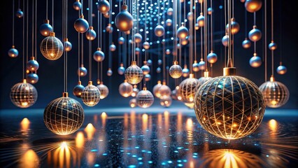 Wall Mural - illuminated festive orbs hanging gracefully, reflecting warm light on a dark, sparkling surface