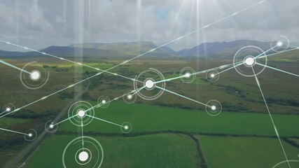 Poster - Network of connections and data processing animation over lush green landscape