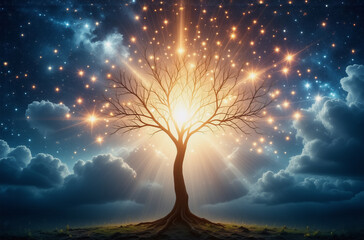 Canvas Print - a luminous tree radiates light against a dramatic night sky filled with swirling clouds. the scene e