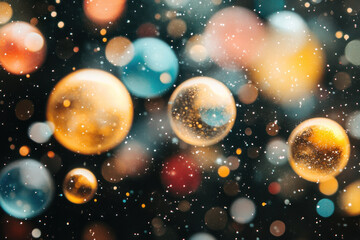 Poster - A blurry image of many colorful spheres with snowflakes in the background. Concept of chaos and movement, with the snowflakes and spheres blending together in a hazy, dreamlike atmosphere