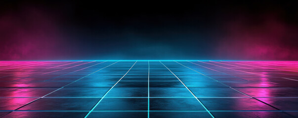 Poster - A dark room with a blue and pink floor. The floor is made of tiles and has a reflective surface
