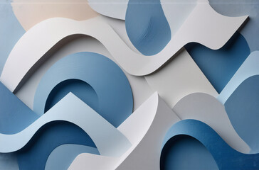 Aufkleber - abstract artwork featuring overlapping blue and white wavy paper shapes, creating a layered, calming