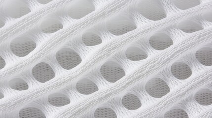 White fabric close-up. Mesh netting pattern with diagonal lines and repeating oval-shaped openings