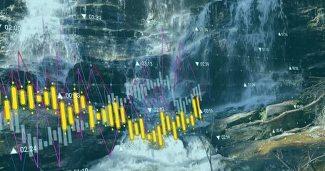 Poster - Graphs and charts overlaying waterfall animation in school finance presentation