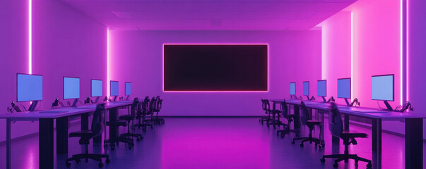 Poster - A brightly lit room with a large black board on the wall. The room is filled with computer monitors and chairs