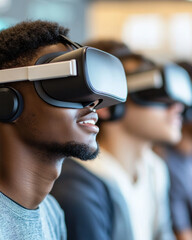Poster - A man wearing a virtual reality headset is smiling. He is surrounded by other people wearing VR headsets